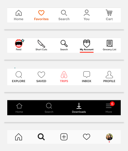 Sample bottom nav bars on mobile apps